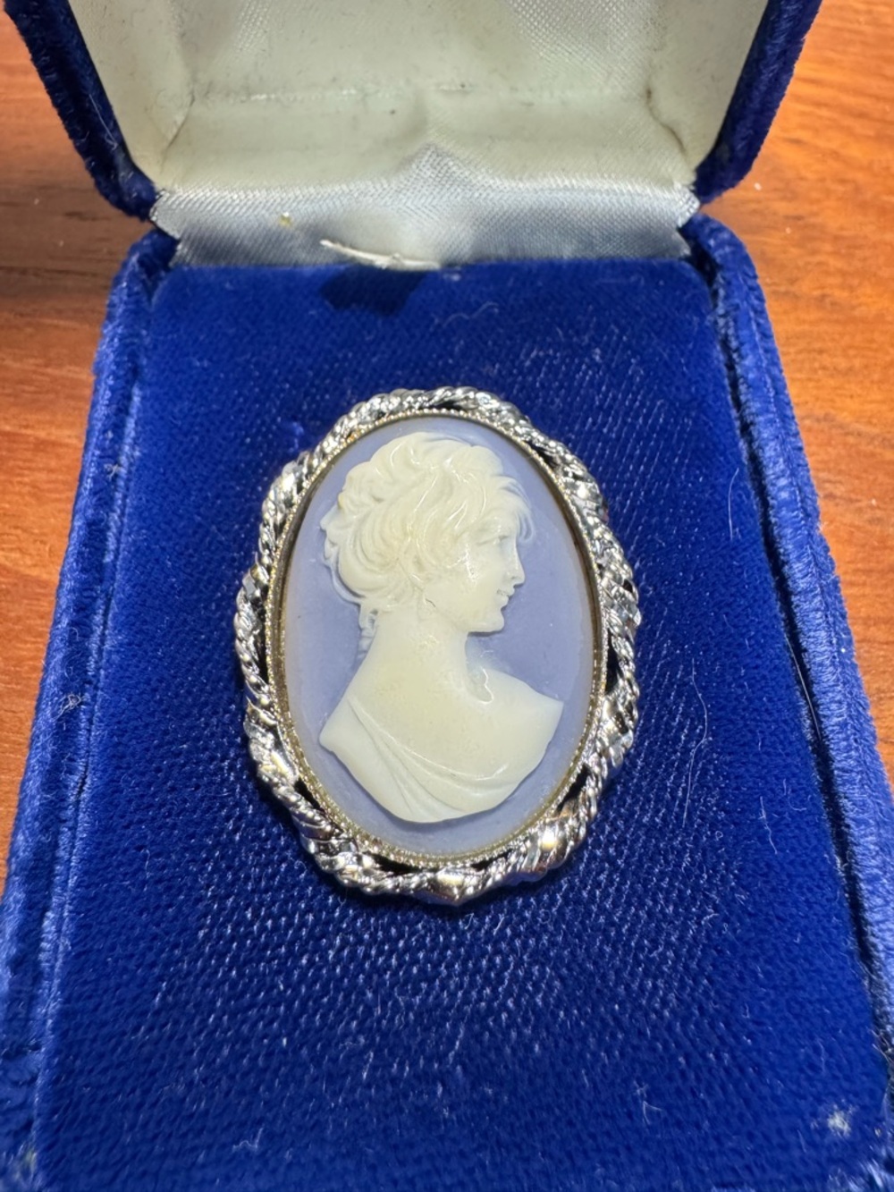 Blue Cameo Brooch Pin in Silver-Tone Frame